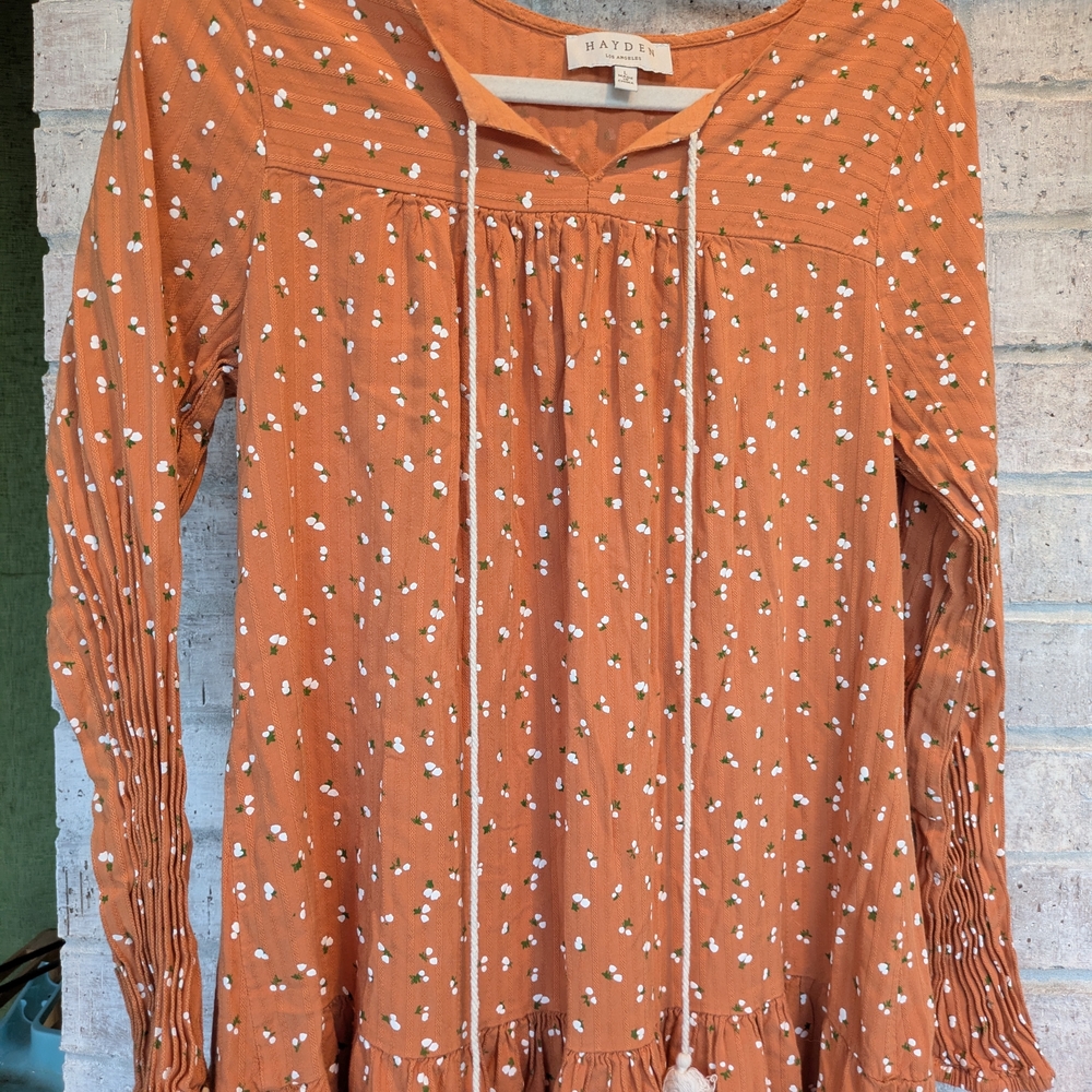 Hayden Terracotta Dainty Floral Long Sleeve Mini Boho Chic Dress Sz:L Peasant